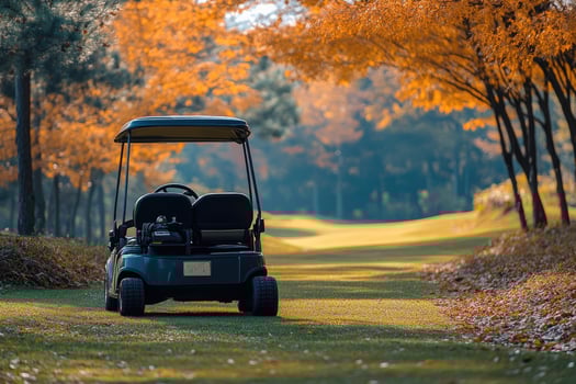 Golf cart parked on beautiful golf course during autumn season photo