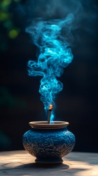 Incense stick burning with blue smoke creating mystic atmosphere photo