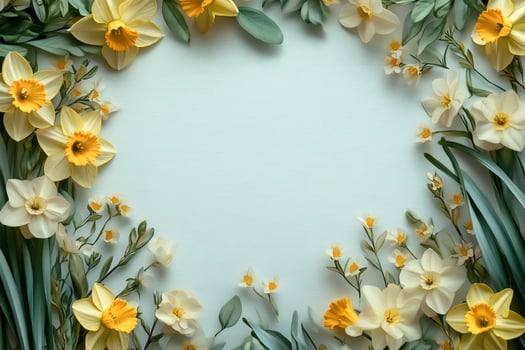 Narcissus flowers creating a beautiful frame on light blue background photo