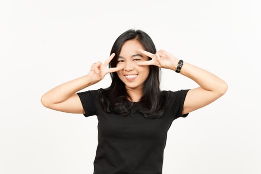 Showing peace sign of Beautiful Asian Woman Isolated On White Background photo