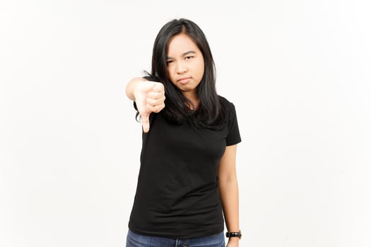 Showing thumbs down of Beautiful Asian Woman Isolated On White Background photo