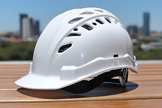 Modern White Safety Helmet with City Skyline Background for Construction Projects photo