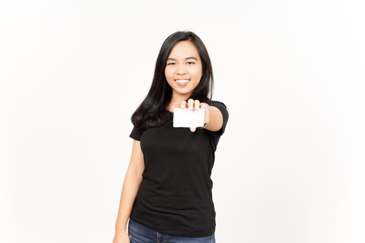 Holding Blank Bank Card Or Credit Card of Beautiful Asian Woman Isolated On White Background photo