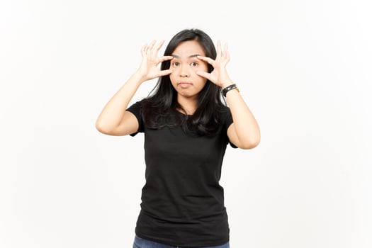 Trying open the eyes of Beautiful Asian Woman Isolated On White Background photo