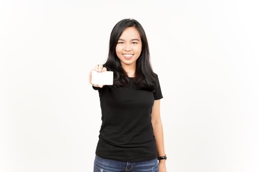Holding Blank Bank Card Or Credit Card of Beautiful Asian Woman Isolated On White Background photo