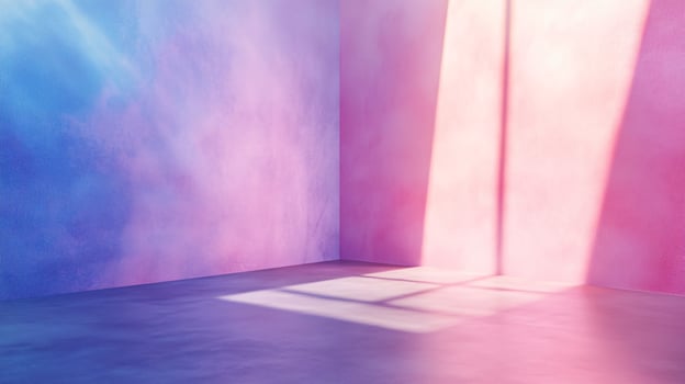 Room with pink and blue walls and a window. The room is empty and has a light shining through the window photo