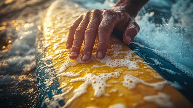 Close-up of a surfer's hand holding onto the board's rail photo