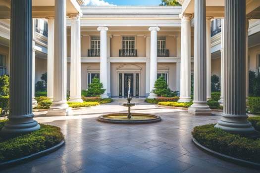 luxury mansion facade with tall columns and decorative fountains photo