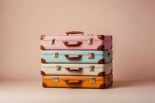 Stack of luggage of different colors and sizes. Luggage, template for travel banner, travel. photo