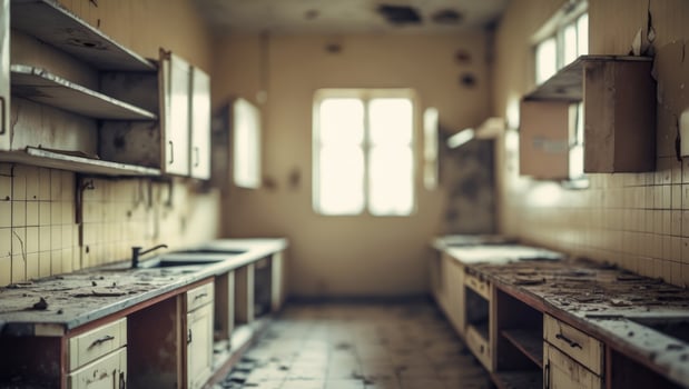 Abandoned kitchen scene with broken cabinets and tiled walls in dim lighting photo