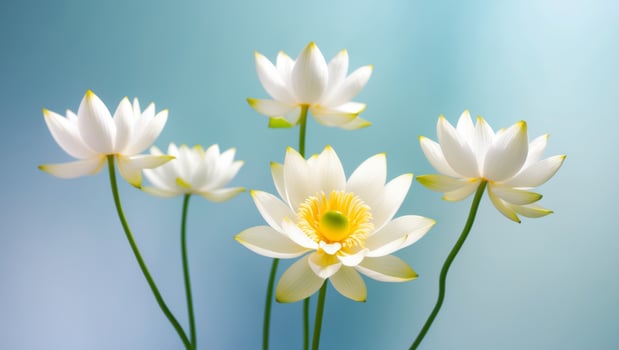 Blooming white lotus flowers on light blue backgroundBlooming white lotus flowers on light blue background. photo