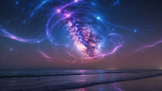 Celestial Geometry in a Mystical Night Sky Over Serene Waters photo