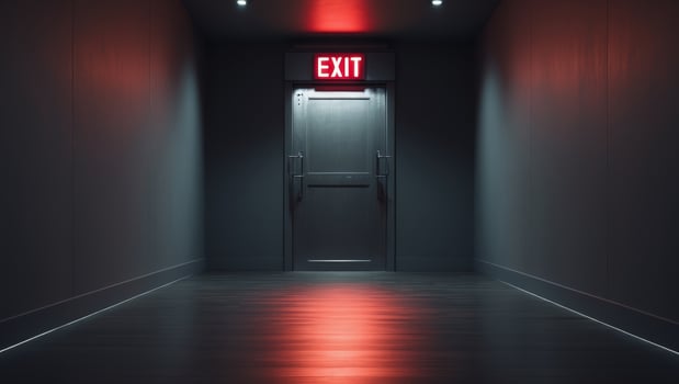 Dimly lit corridor with red exit sign above closed doorway. photo