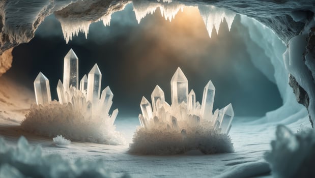 Mesmerizing glowing quartz crystal formations in a frozen underground cave bathed in warm natural light and surrounded by icy textures and shadows photo