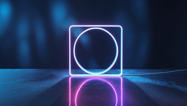 Neon Square Light Reflects on Dark Surface. photo