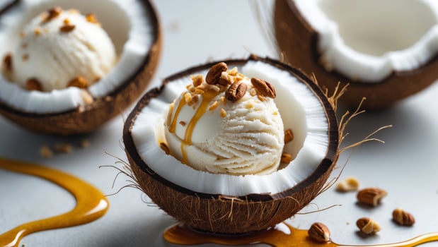Refreshing Coconut Ice Cream Served in Halved Coconut Shells with Nuts and Syrup Drizzle.Refreshing Coconut Ice Cream Served in Halved Coconut Shells with Nuts and Syrup Drizzle. photo