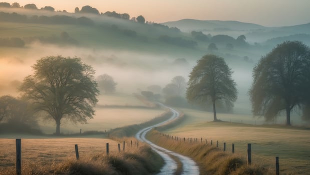 Scenic Pathway Winding Through Serene Countryside at Dawn with Sunrise Illuminating Misty Fields and Trees Creating a Tranquil Ambience and Natural Beauty. photo