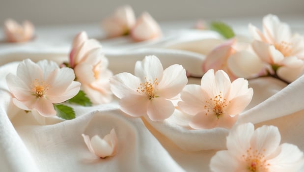 Soft floral fabric with gentle peach blossoms on cream backgroundSoft floral fabric with gentle peach blossoms on cream background. photo