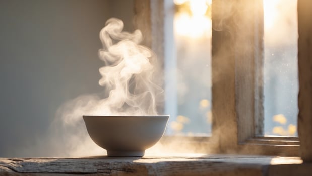 Steaming Bowl on Wooden Windowsill with Soft Natural Light Evoking Warmth and Tranquility. photo