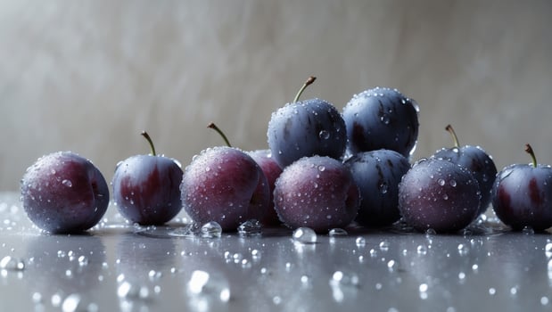 A bunch of plums with water droplets on them.A bunch of plums with water droplets on them. photo
