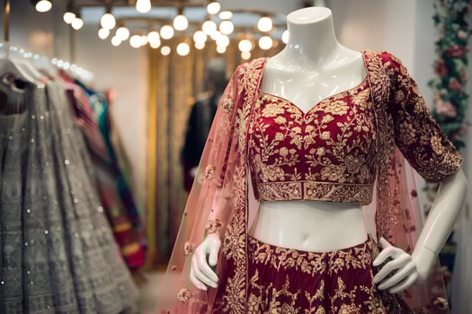 Mannequin in red lehenga with gold embroidery and festive, premium backdrop photo