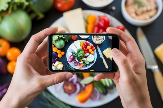 Food Display on Smartphone Hands hold smartphone displaying vibrant food against a kitchen backdrop photo
