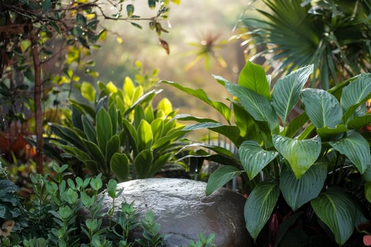 Large stone, lush plants, sunlight filters through, tranquil natural environment photo