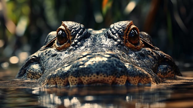 Crocodile is swimming in the water with its eyes open. The water is murky and the crocodile's eyes are visible photo