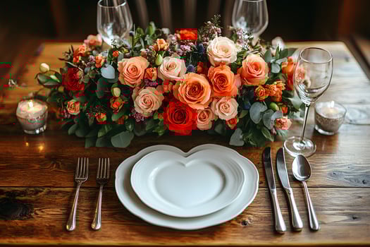 Romantic Table Setting with Heart-Shaped Plates and Floral Centerpiece for Valentine's Day Dinner photo