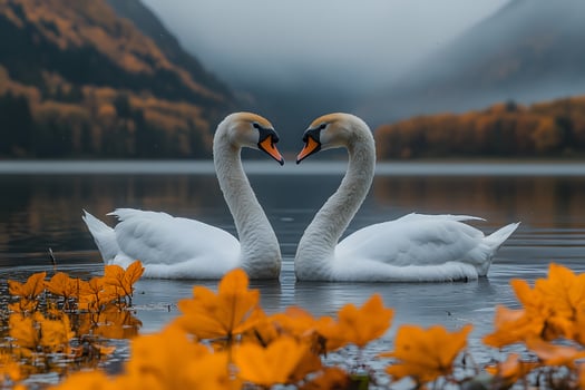 Romantic Autumn Scene Two Swans in Tranquil Lake Surrounded by Fall Foliage photo