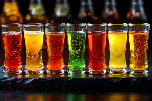 Colorful Assortment of Fizzy Beverages in Tall Glasses for Refreshing Summer Events photo