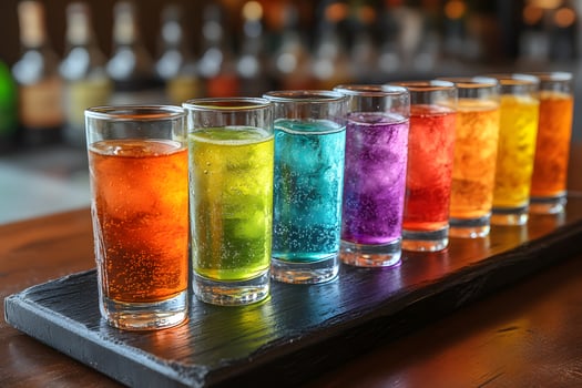 Colorful Rainbow Cocktails on Slate Tray for Party Inspiration or Bar Menu Design photo
