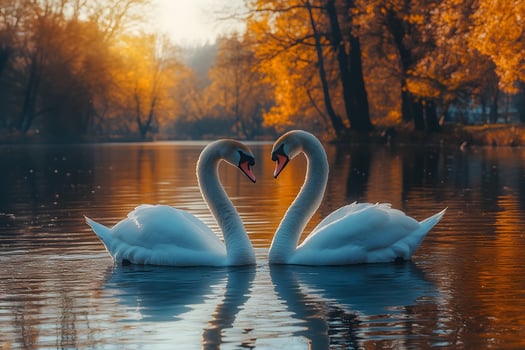Tranquil Autumn Lake with Two Swans in Symmetrical Reflection photo