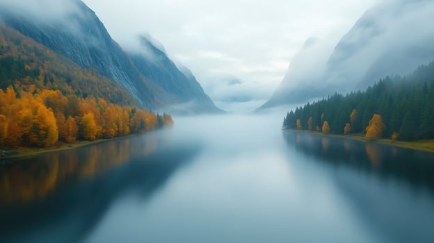 Misty Morning Over Lake With Autumn Forest and Mountains in Tranquil Landscape Scenery photo