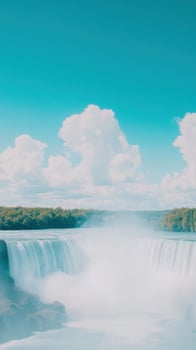 Stunning Waterfalls Surrounded by Lush Trees Under a Bright Sunny Sky with Gentle Mist and Vibrant Blue Horizon Capturing Nature's Beauty and Tranquility in a Serene Landscape Photography photo