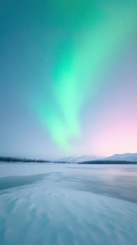 Enchanting Vertical View of Breathtaking Northern Lights and Aurora Over Winter Landscape with Starry Sky and Icy Lake in Serene Arctic Scene for Seasonal Photography photo