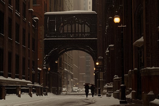 A couple of people walking down a snowy street photo