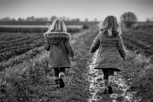 Two little girls walking in the field photo