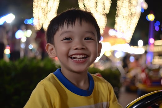 A young boy smiles while sitting in a car photo