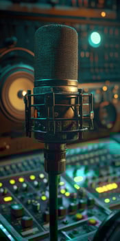 Microphone stands in recording studio with colorful lights and equipment photo