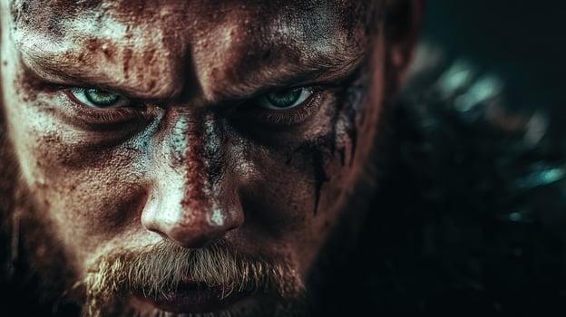 Intense warrior portrait in dramatic lighting captures raw emotion and power photo