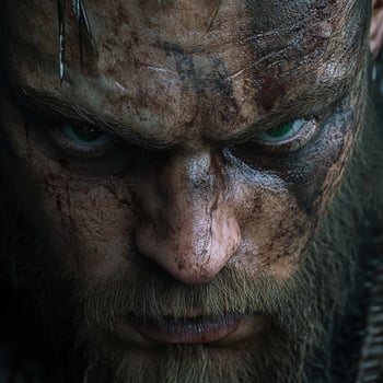 Intense close-up of a warrior with striking features and battle scars photo
