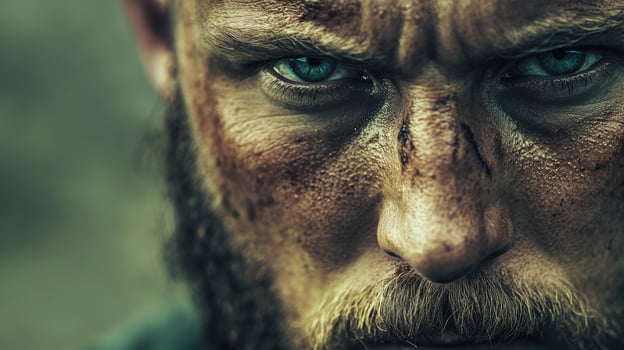 Intense warrior portrait with piercing blue eyes and battle scars photo