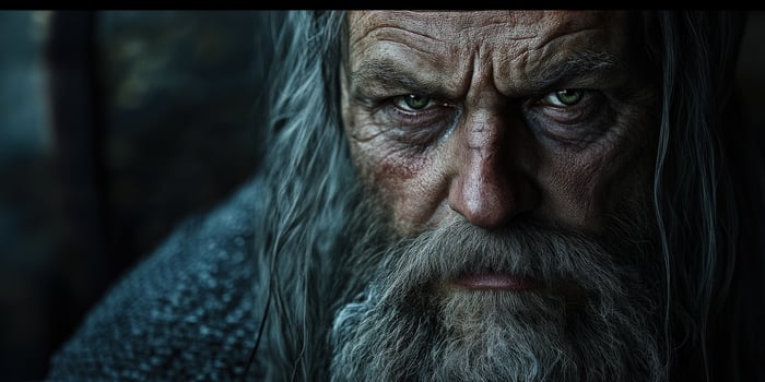 Old warrior displaying wisdom and strength in a dramatic close-up portrait photo