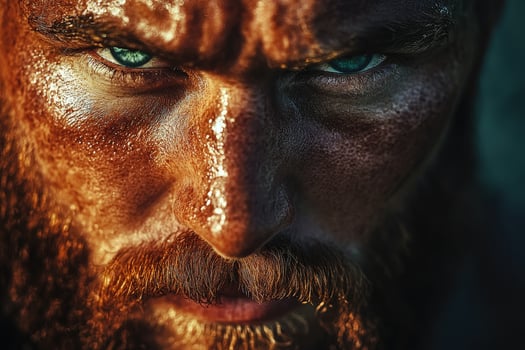 Intense close-up of a man with a rugged appearance and striking eyes photo