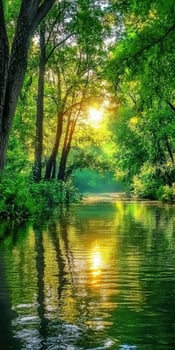 Serene sunset light reflecting off a calm river surrounded by lush trees photo