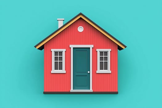 A small red house with a green door photo