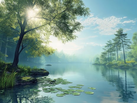 Peaceful lake surrounded by lush trees and tranquil water reflections at dawn photo