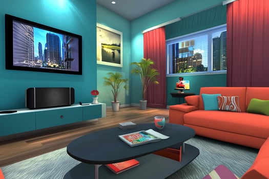 A colorful living room with orange furniture and a flat screen tv photo