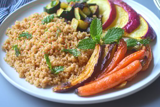 A plate of food with rice, carrots, and other vegetables photo